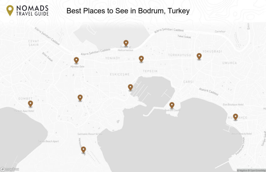 Map of the Best Places to See in Bodrum, Turkey walking route with 10 stops in Bodrum.