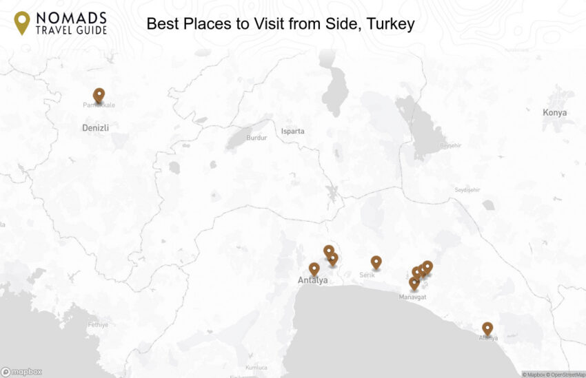 Map of the Best Places to Visit from Side, Turkey walking route with 11 stops in Side.