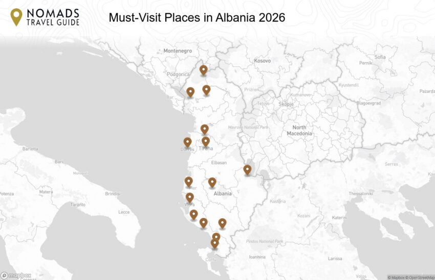 Map of the Must-Visit Places in Albania walking route with 15 stops.