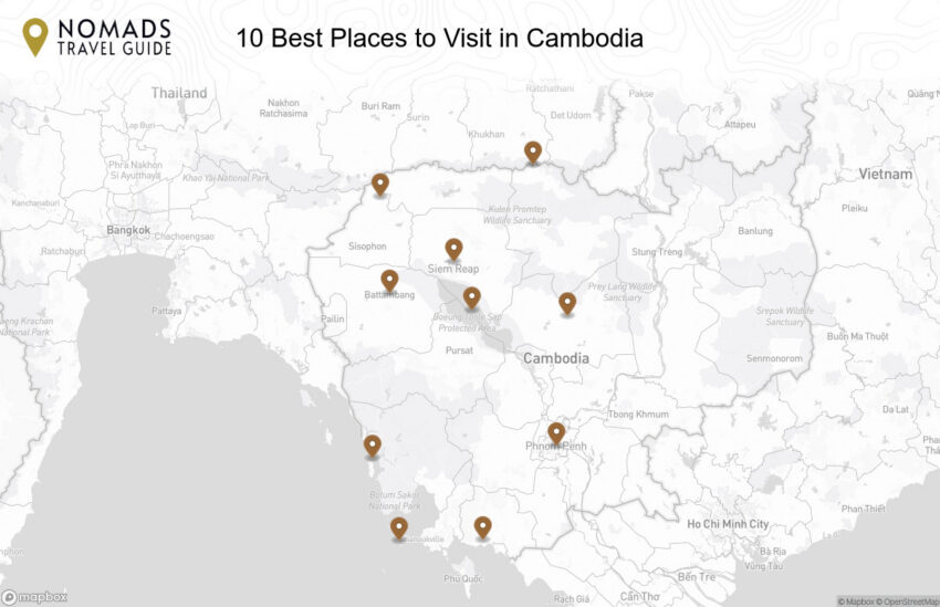 Map of the 10 Best Places to Visit in Cambodia walking route with 10 stops in Phnom Penh.