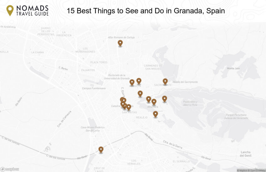 Map of the 15 Best Things to See and Do in Granada, Spain walking route with 15 stops in Granada.