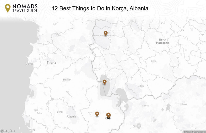 Map of the 12 Best Things to Do in Korça, Albania walking route with 12 stops in Korçë.