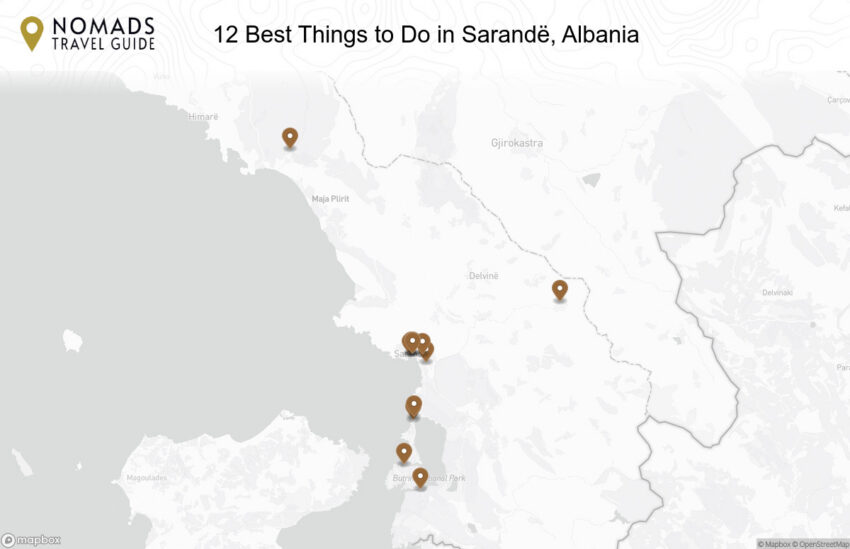 Map of the 12 Best Things to Do in Sarandë, Albania walking route with 12 stops in Sarandë.