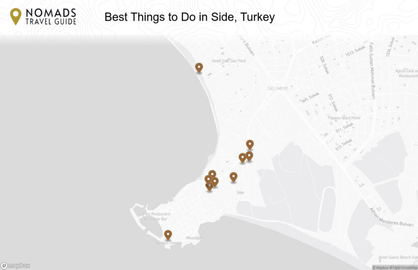 Map of the Best Things to Do in Side, Turkey walking route with 10 stops in Side.