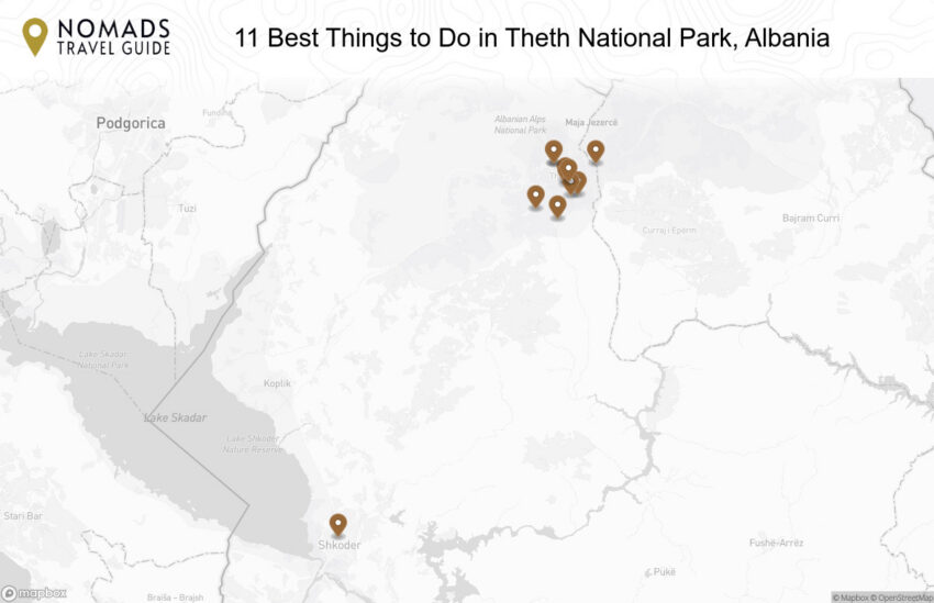 Map of the 11 Best Things to Do in Theth National Park, Albania walking route with 11 stops in Theth.