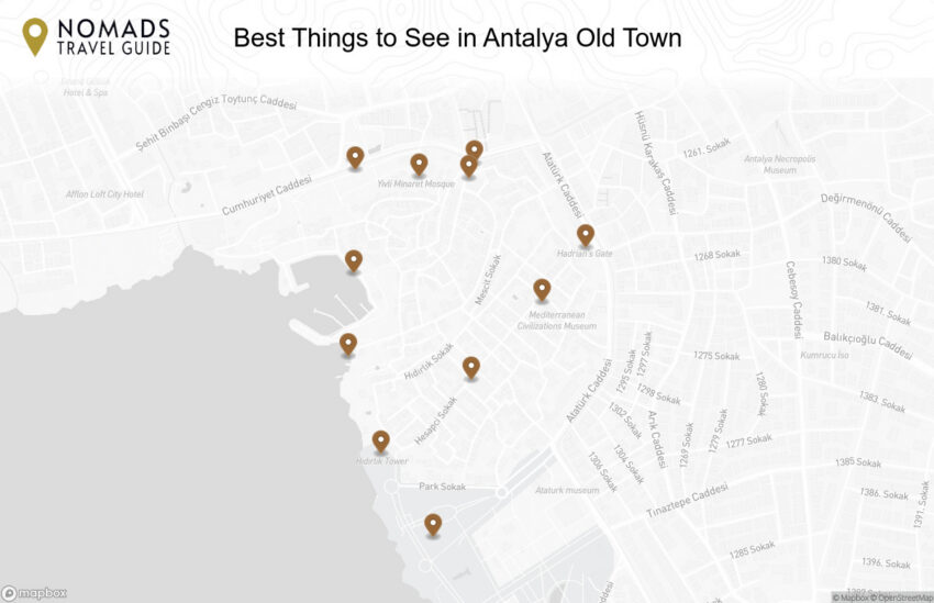 Map of the Best Things to See in Antalya Old Town walking route with 11 stops in Antalya.