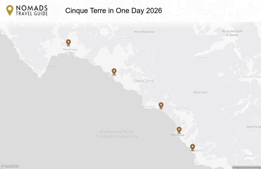 Map of the Cinque Terre in One Day: Complete Guide with Maps & Tips walking route with 5 stops in Pisa.