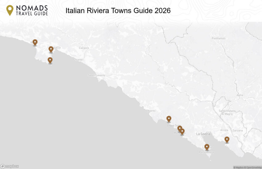 Map of the Italian Riviera Towns Guide: Top Coastal Destinations in Italy walking route with 8 stops in Genoa.