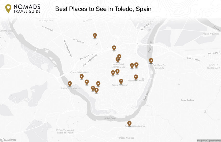 Map of the Best Places to See in Toledo, Spain walking route with 19 stops in Toledo.