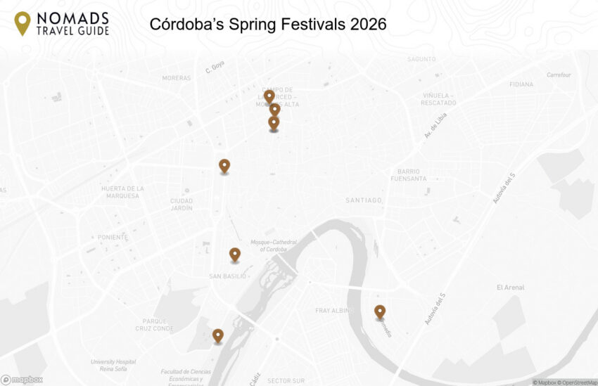 Map of the Córdoba’s Spring Festivals: Patios, Flowers & Local Traditions walking route with 8 stops in Córdoba.