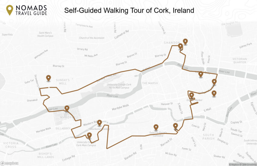 Map of the Self-Guided Walking Tour of Cork, Ireland walking route with 12 stops in Cork.