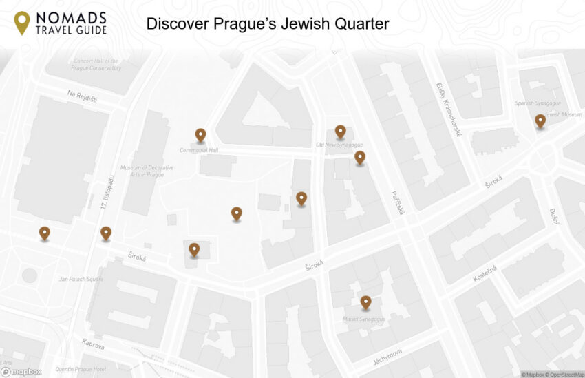 Map of the Discover Prague’s Jewish Quarter: A Self-Guided Walking Tour walking route with 10 stops in Prague.