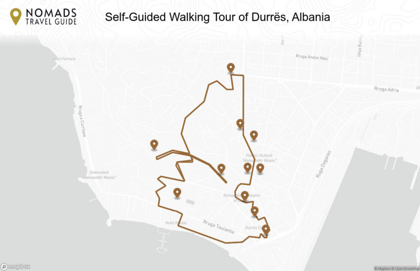 Map of the Self-Guided Walking Tour of Durrës, Albania walking route with 11 stops in Durrës.