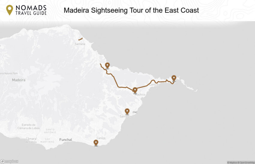 Map of the Madeira Sightseeing Tour of the East Coast walking route with 5 stops in Funchal (Madeira).