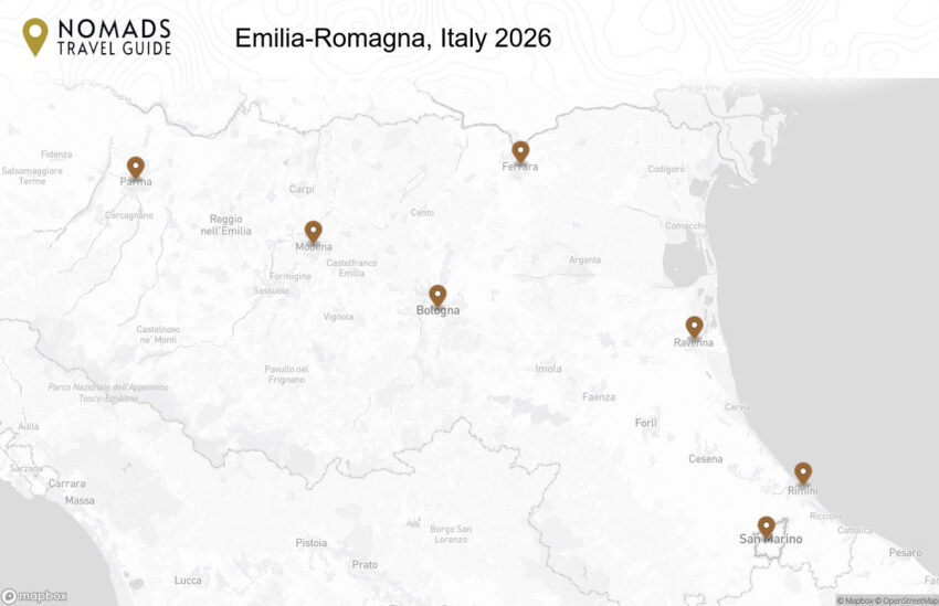 Map of the Emilia-Romagna, Italy: 7-Day Itinerary & Travel Guide walking route with 7 stops in Bologna.