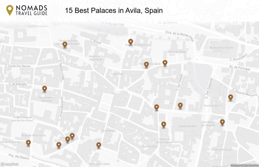Map of the 15 Best Palaces in Avila, Spain walking route with 15 stops in Ávila.