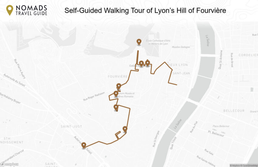 Map of the Self-Guided Walking Tour of Lyon’s Hill of Fourvière walking route with 8 stops in Lyon.