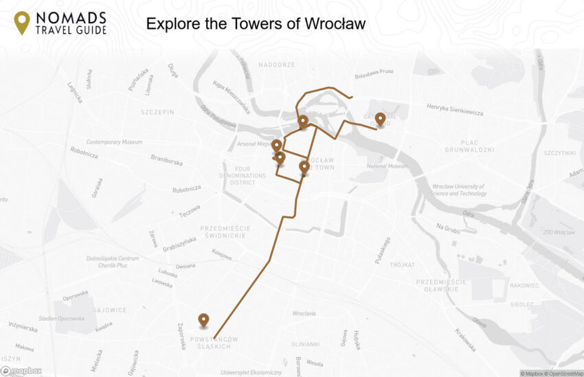 Map of the Explore the Towers of Wrocław: A Self-Guided Walking Tour walking route with 6 stops in Wrocław.