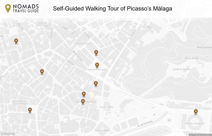 Map of the Self-Guided Walking Tour of Picasso’s Málaga walking route with 9 stops in Málaga.