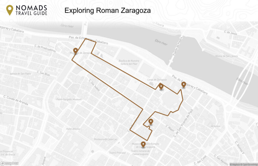 Map of the Exploring Roman Zaragoza walking route with 5 stops in Zaragoza.