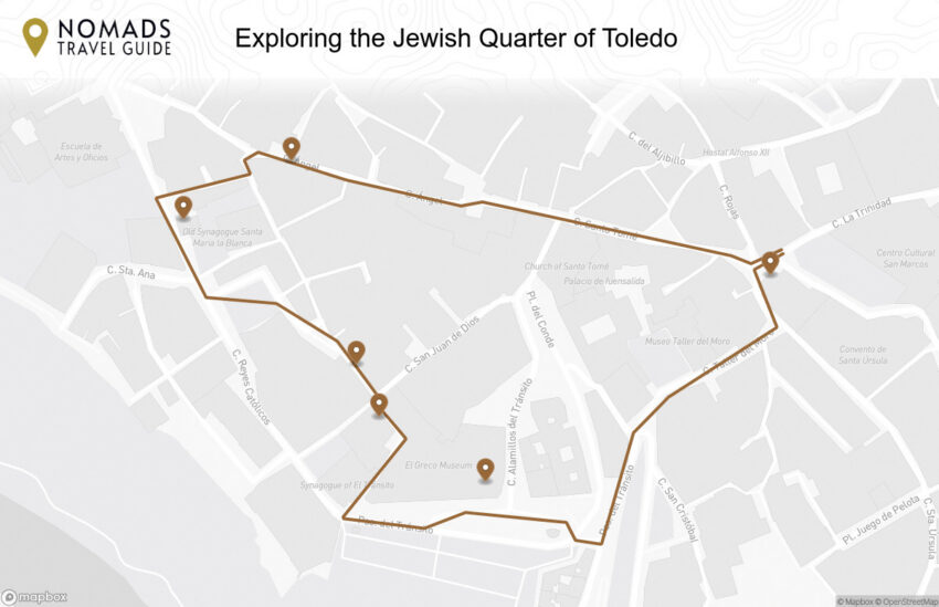 Map of the Exploring the Jewish Quarter of Toledo walking route with 6 stops in Toledo.