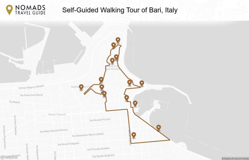 Map of the Self-Guided Walking Tour of Bari, Italy walking route with 14 stops in Bari.
