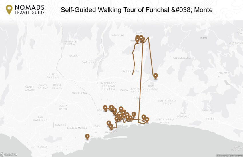 Map of the Self-Guided Walking Tour of Funchal & Monte: Map & Highlights walking route with 27 stops in Funchal (Madeira).