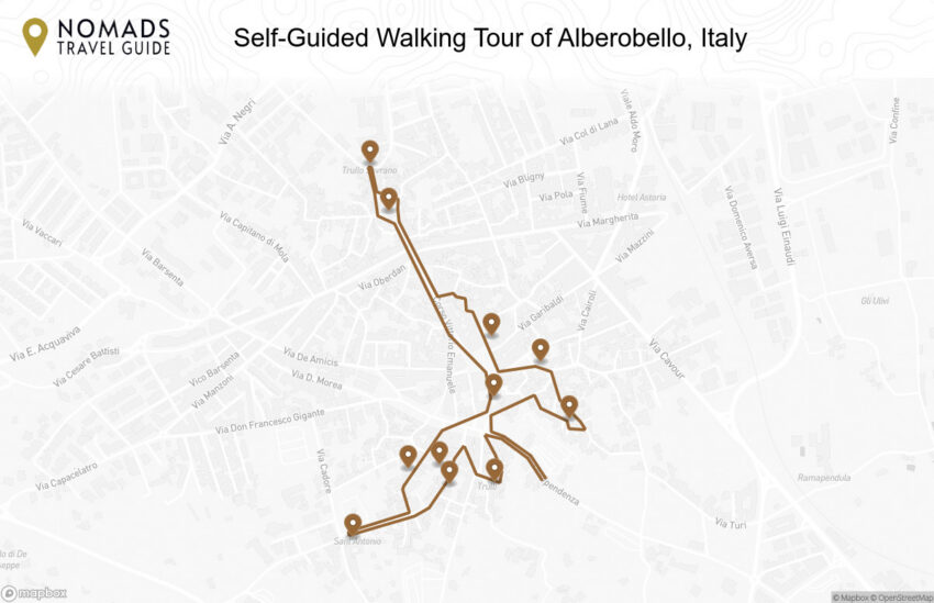 Map of the Self-Guided Walking Tour of Alberobello, Italy walking route with 11 stops in Alberobello.
