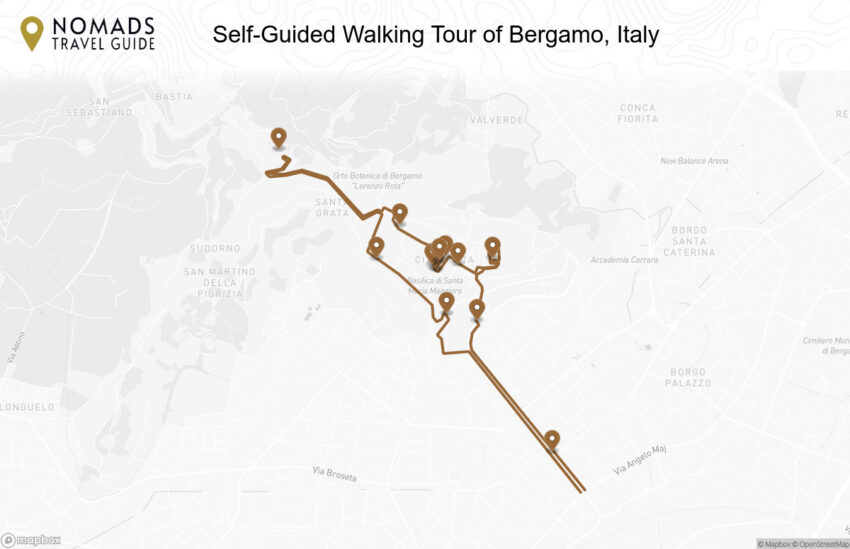 Map of the Self-Guided Walking Tour of Bergamo, Italy walking route with 14 stops in Bergamo.