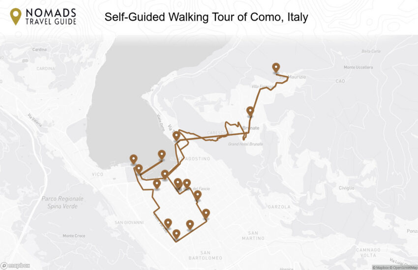 Map of the Self-Guided Walking Tour of Como, Italy walking route with 16 stops in Como.