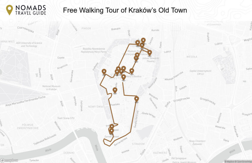 Map of the Free Walking Tour of Kraków’s Old Town walking route with 17 stops in Kraków.