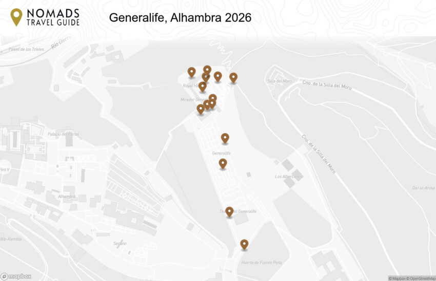 Map of the Generalife, Alhambra: The Architect’s Garden walking route with 14 stops in Granada.