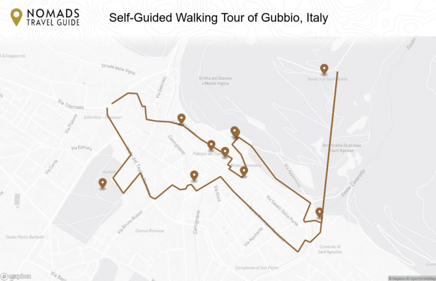 Map of the Self-Guided Walking Tour of Gubbio, Italy walking route with 10 stops in Gubbio.