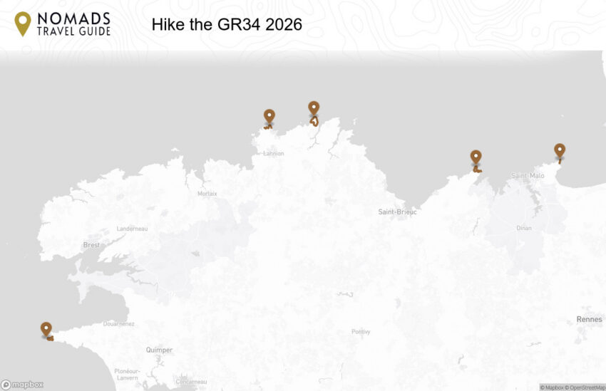 Map of the Hike the GR34: 5 Unforgettable Day Hikes on Le Sentier des Douaniers walking route with 5 stops in Brittany.