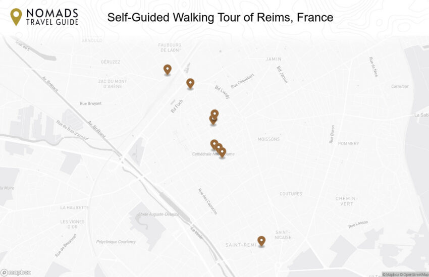 Map of the Self-Guided Walking Tour of Reims, France walking route with 8 stops in Reims.