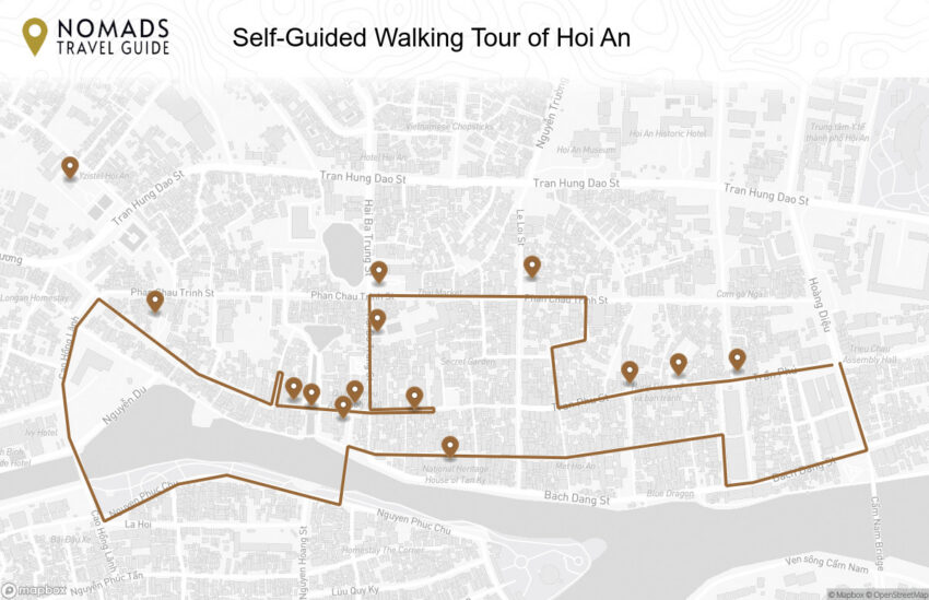 Map of the Self-Guided Walking Tour of Hoi An walking route with 14 stops in Hoi An.