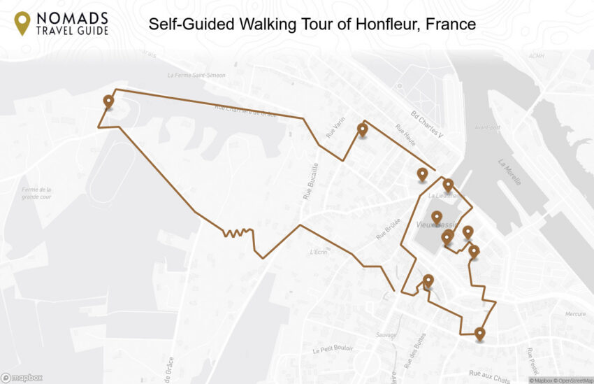 Map of the Self-Guided Walking Tour of Honfleur, France walking route with 11 stops in Honfleur.