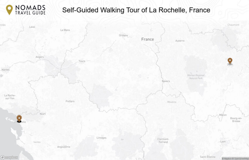 Map of the Self-Guided Walking Tour of La Rochelle, France walking route with 18 stops in La Rochelle.