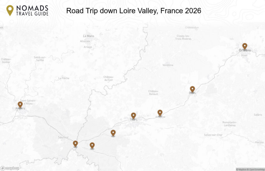 Map of the Road Trip down Loire Valley, France walking route with 8 stops in Loire Valley.