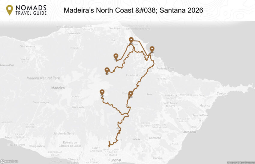 Map of the Madeira’s North Coast & Santana: A Scenic Road Trip Guide walking route with 6 stops in Funchal (Madeira).