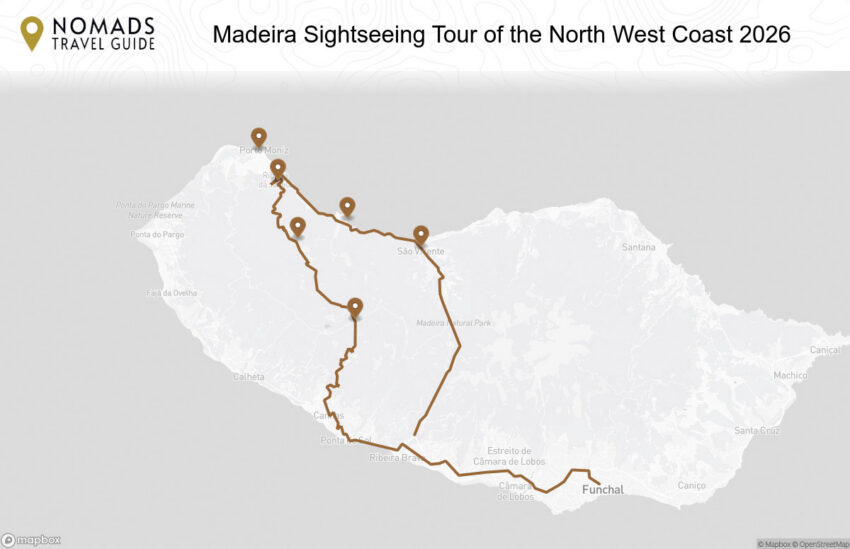 Map of the Madeira Sightseeing Tour of the North West Coast: Scenic Drive & Highlights walking route with 6 stops in Funchal (Madeira).