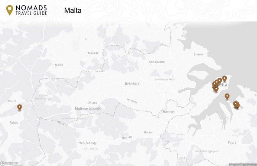 Map of the Malta: Tracing the Legacy of the Knights of St. John walking route with 13 stops in Valletta.