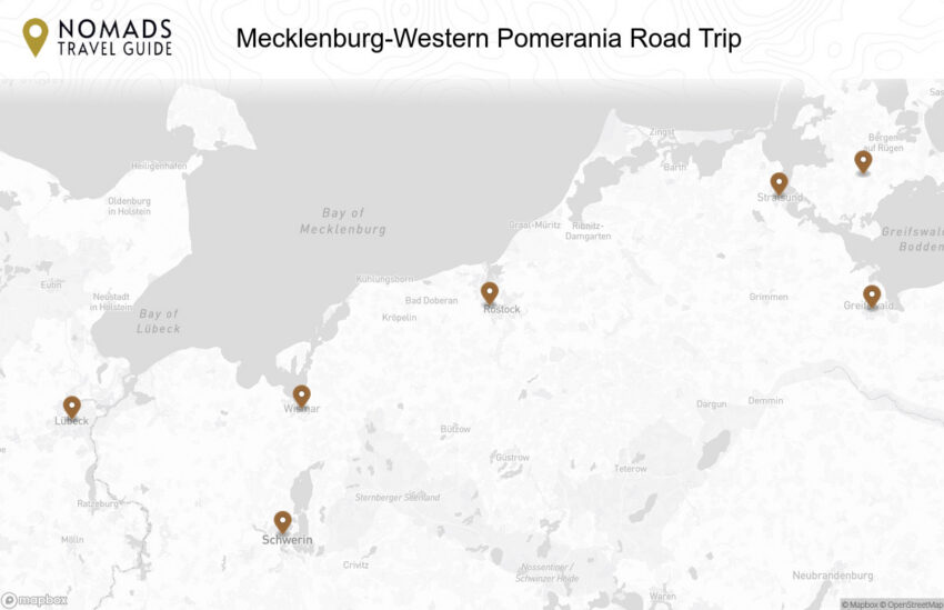 Map of the Mecklenburg-Western Pomerania Road Trip walking route with 7 stops in Mecklenburg-Western Pomerania.