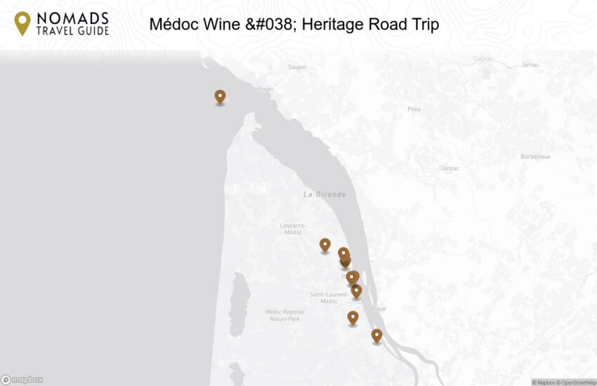Map of the Médoc Wine & Heritage Road Trip walking route with 10 stops in Bordeaux.