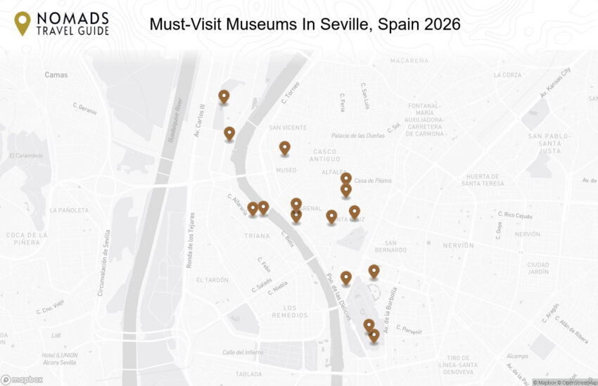 Map of the Must-Visit Museums In Seville, Spain walking route with 15 stops in Seville.