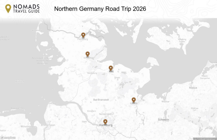 Map of the Northern Germany Road Trip: A Scenic Journey from Hamburg to Flensburg walking route with 5 stops in Hamburg & Schleswig-Holstein.