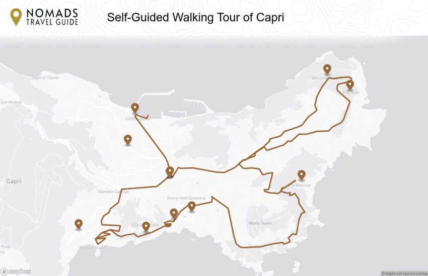 Map of the Self-Guided Walking Tour of Capri walking route with 11 stops in Capri.