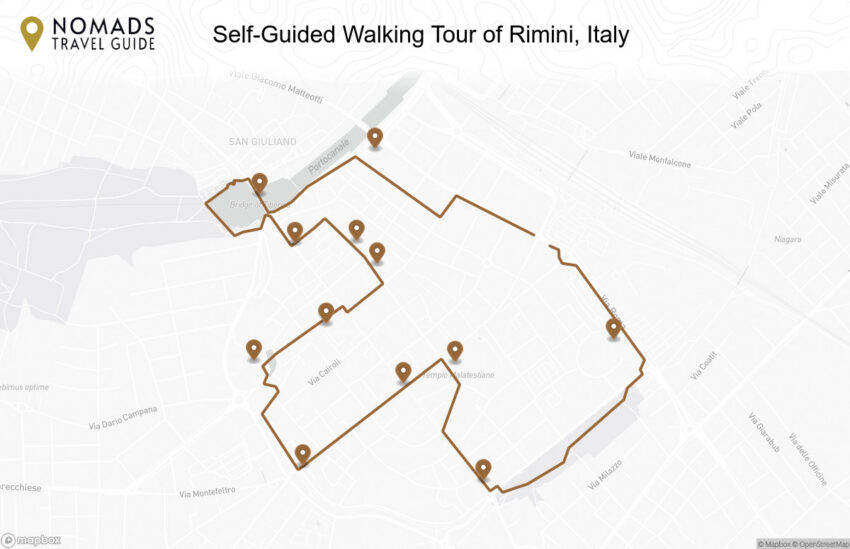 Map of the Self-Guided Walking Tour of Rimini, Italy walking route with 12 stops in Rimini.