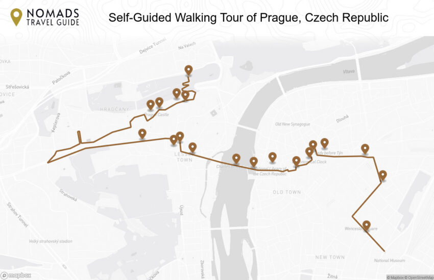 Map of the Self-Guided Walking Tour of Prague, Czech Republic walking route with 19 stops in Prague.