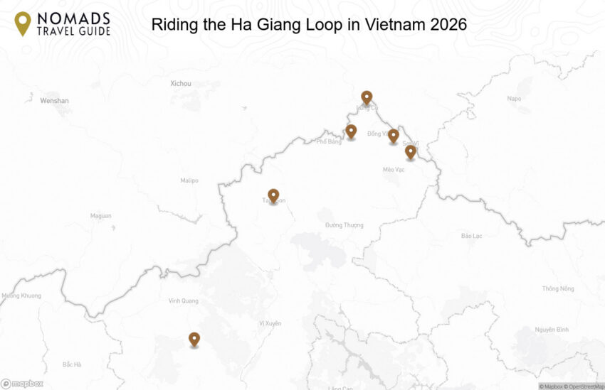 Map of the Riding the Ha Giang Loop in Vietnam: 4-Day Motorbike Itinerary & Tips walking route with 6 stops in Ha Giang.